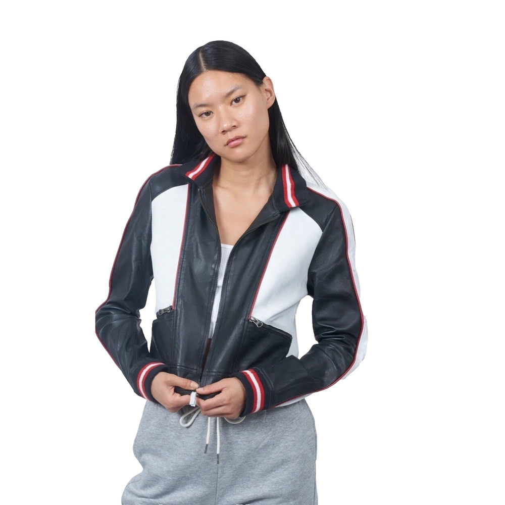 Jkt NYC Black/White Leather Racing Jacket M Bomber Striped Ribbed Knit Y2K